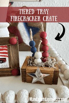 Craft and decorate your tiered tray for Memorial Day and 4th of July with a mini Patriotic Wood Bead Firecracker Crate made with Dollar Tree Jenga Blocks! This little Americana DIY is sure to make a bang! Dollar Tree Patriotic Crafts, Free Printable Crafts, Tiered Tray Diy, Tray Diy, Patriotic Crafts