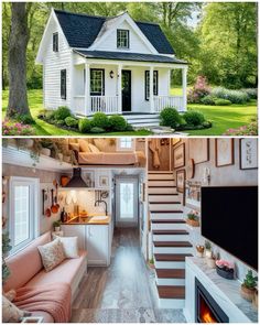 two pictures of small houses with stairs leading up to the front door and back porch