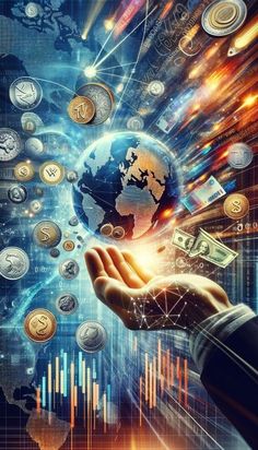 a person holding money in their hand with many different images around it and the earth