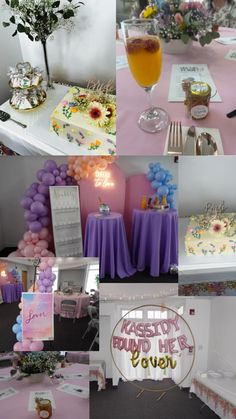 a collage of photos with cake, flowers and balloons