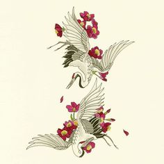 two white birds with red and yellow flowers on their wings, flying in the air