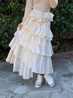 Gemma Long Tiered Ruffle Skirt Ivory Ruffled Skirt Outfit, Ruffled Long Skirt, Ruffle Skirt Long, Asymmetrical Tiered Skirt, Ruffle Skirt Outfit, Spring Skirt Outfits, Layered Ruffle Skirt, Ruffle Skirts, Semi Formal Outfit