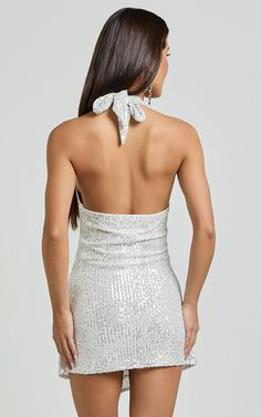 Cynthina Mini Dress - Sequin Cowl Halter Neck Wrap Dress in Silver | Showpo USA Fitted Backless Dressy Dress For Party, Fitted Backless Dress For Party, Fitted Backless Dress For Cocktail Party, Fitted Backless Cocktail Dress For Party Season, Silver Backless Sequin Dress For Prom, Elegant Fitted Shiny Mini Dress, Fitted Dressy Backless Dress For Party, Dressy Fitted Backless Dress For Party, Silver Backless Dress For Evening