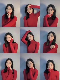 the woman is posing with her hands on her face and wearing a red sweater,