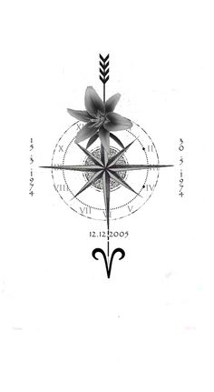 a black and white photo of a compass with a flower on the front, and an arrow in the middle