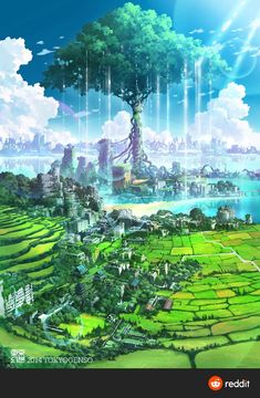 an anime landscape with trees and buildings on the water, surrounded by green fields in the foreground