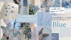 a collage of blue and white images with words written on them, including an open book