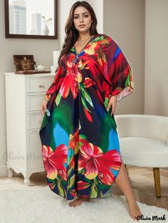 Olivia Mark - Womens Plus Size Boho Beach Cover Up Dress with Floral Print, Batwing Sleeves, and V-Neck Kaftan Style Beach Dress Casual, Autumn Beach, Beach Cover Up Dress, Plus Size Boho, Dress With Floral Print, Kaftan Style, Beach Coverup Dress, Beachwear For Women, Beach Covers