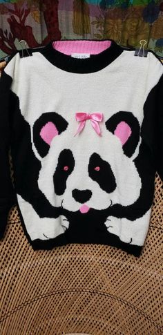 80s Panda Sweater by Jet Set Sweaters LG 14 Girls - Etsy Cute Black Crew Neck Sweater, Playful Black Winter Sweater, Sweet Pink Nails, Panda Sweater, Pink Jewels, Cute Panda, Pink Bow, Perfect Christmas Gifts, Vintage Children