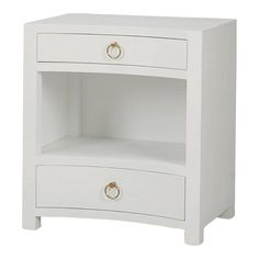 a white night stand with two drawers and gold handles on the bottom, against a white background