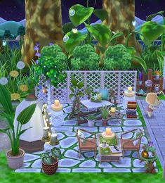 an animated garden with lots of plants and furniture in the center, surrounded by greenery