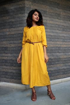 "Mustard Maxi Dress, Pin tucks Dress, Linen Maxi Dress, Made to Order, Custom Made, Plus Size - Model height: 5'3\" wearing size S - Length: 46\" - Fit: Loose - Pin tucks on front - Chain stitch embroidery in between Add a belt to your outfit and define your waistline to make it smart-wear! (Belt is not included in this listing)" Yellow Pleated Dress For Daywear, Long Sleeve Cotton Dress With Pintucks, Cotton Long Sleeve Dress With Pintucks, Pin Tucks Dress, Tuck Dress, Bohemian Pants, Chain Stitch Embroidery, Hand Work Blouse, Hand Work Blouse Design