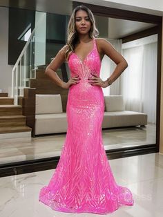 Sheath V-neck Sweep Train Prom Dresses Pink V-neck Maxi Dress For Prom Season, Pink V-neck Gown For Prom Season, Pink Fitted V-neck Prom Dress, Pink V-neck Maxi Dress For Gala, Pink V-neck Gown For Gala, Pink V-neck Gala Evening Dress, Train Prom Dresses, Lilac Prom Dresses, Hot Pink Prom Dress