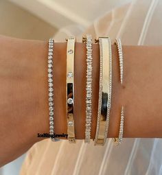 "Half Way Single Prong Bangles, Flush Setting Wedding Bracelet, Trendy Trapped Baguette Simulated Diamond Bangle, Two Row & Claw Cuff Bangle *All Bangles Are Half Way* ❤ Item Information ❤ ✎ All Stone's Color/Clarity: DEF/VVS ✎ All Stone Quality: A ⇨ 1st :-> ✎ Stone Shape: Round Cut ✎ Stone Size: 2.80 ⇨ 2nd :-> ✎ Stone Shape: Round Cut ✎ Stone Size: 3.50 mm ⇨ 3rd :-> ✎ Stone Shape: Baguette  ✎ Stone Size: 4X2X1.50mm ⇨ 4th :-> ✎ Stone Shape: Round Cut ✎ Stone Size: 1.20 mm ⇨5th :-> ✎ Stone Shape: Stackable Bangle For Parties, Flush Setting, Bracelet Trendy, Royalty Fashion, Unique Bangle, Cute Engagement Rings, Diamond Bangles Bracelet, Jewelry Accessories Ideas, Dope Jewelry