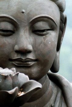 a buddha statue with its eyes closed holding a flower