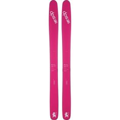 pair of pink skis with white lettering on the bottom and bottom, in front of a white background