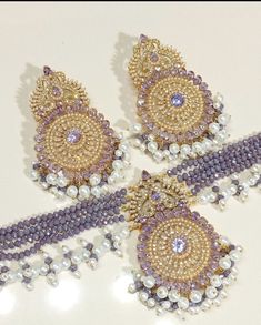 Choker/Necklace  Earrings Gold Beaded Earrings For Reception, Purple Beaded Jewelry For Wedding, Elegant Beaded Wedding Sets, Elegant Gold Beaded Sets, Purple Stone Work Jewelry For Wedding, Festive Purple Necklace For Wedding, Festive Purple Wedding Jewelry, Bollywood Wedding, Pakistani Bridal