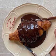 a croissant covered in chocolate on a plate