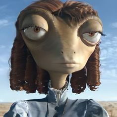 an animated woman with large eyes and long hair in the desert, looking at something