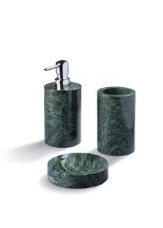 green marble bathroom accessories set with soap dispenser and toothbrush holder on white background