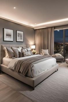 The bedroom is decorated in a neutral palette of warm grays and creams. The walls are a light gray, the bed is upholstered in a beige fabric, and the bedding is a mix of white, gray, and cream. The curtains are a slightly darker shade of beige than the walls, and the rug is a patterned neutral. Masterbedroom Bedroom Interior, Cream And Grey Bedroom, Taupe Bed, Tray Ceiling Ideas, Neutral Bedroom Design, Taupe Bedroom, Tray Ceilings, Elegant Bedroom Decor, Plush Bedding