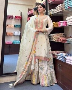 ad eBay - Stunning Heavy Chinon Silk Kurta Palazzo With Designer Dupatta For Wedding Wear - Buy Now, click the link (eBay) White Sharara Suit, White Sharara, Saree Bollywood, Fancy Tops, Patiala Salwar, Afghan Dresses, Designer Salwar Suits, Sequence Work, Sharara Set