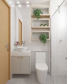 a bathroom with a toilet, sink and shelves filled with plants on the wall above it