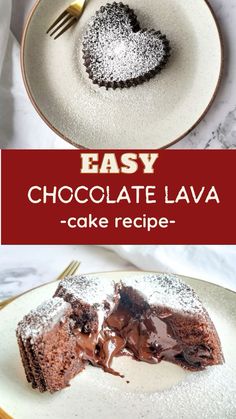 chocolate lava cake recipe on a plate with the title in red and white above it