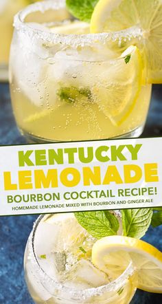 the kentucky lemonade cocktail is served in glasses with ice and limes on top