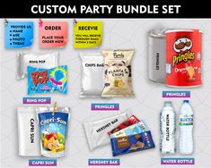 the custom party bundle includes drinks, snacks and candy