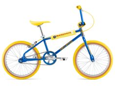 a blue and yellow bike is shown against a white background