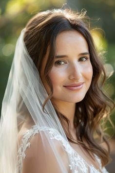 a woman wearing a wedding veil and smiling at the camera with her hair blowing in the wind