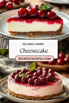 no - bake cherry cheesecake with fresh cherries on the top and bottom