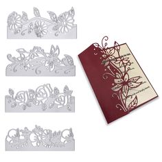 three pieces of laser cut paper with flowers and butterflies on them, one is red and the other is white