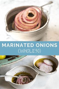 sliced onions are in bowls and on the table