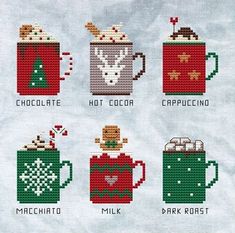 cross - stitch coffee mugs are shown in different colors and designs, with the words chocolate hot cocoa macchiaia milk