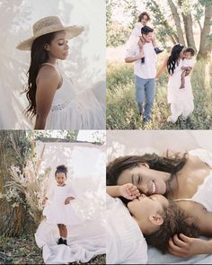 four different pictures of people in white clothes and hats, one is holding a baby while the other holds an infant