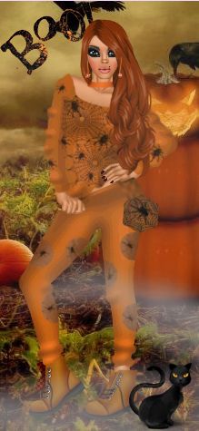 a digital painting of a woman and her cat in front of pumpkins with the word boo on it