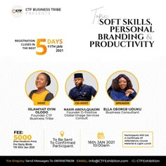 an advertisement for the soft skills, personal branding and productivity event with three people