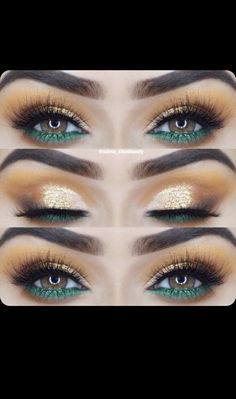 Emerald Green Bride Makeup, Gold And Emerald Green Makeup, Emerald And Gold Eye Makeup, Smokey Eye With Green Undereye, Dark Green And Gold Eye Makeup, Green Pink Gold Eye Makeup, Gold And Green Makeup Looks, Make Up For Green Eyes Tutorial, Make Up Yeux Vert