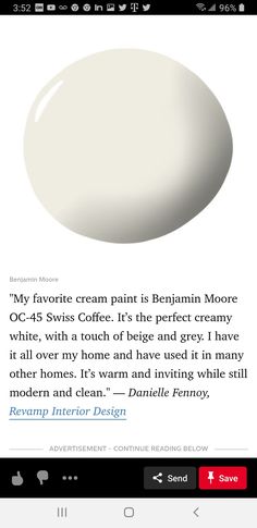 an image of a white egg with the caption'my favorite cream paint is benjamin moore oc - 25 swiss coffee it's the perfect creamy