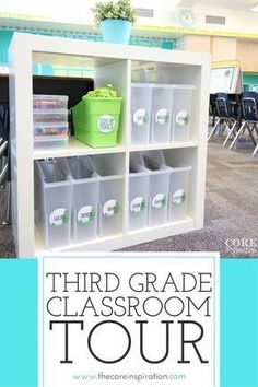 several bins are stacked on top of each other in front of a bookcase