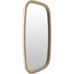 a mirror that is sitting on top of a white surface with beading around the edges