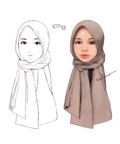 Hijab Drawing Sketches, How To Draw A Hijab, How To Draw Hijab, Hijab Drawing Reference, Hijabi Sketch, Hijab Sketch, Hijab Reference, Hijab Art, Self Portrait Drawing