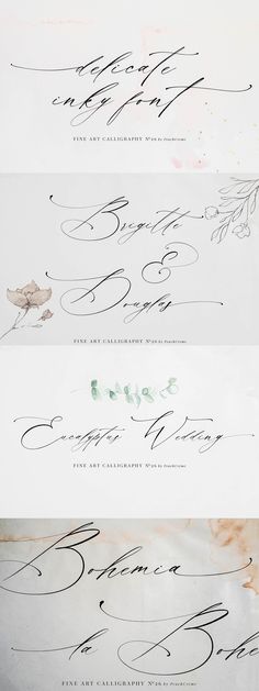 three different types of calligraphy on paper with ink and watercolor pencils in them