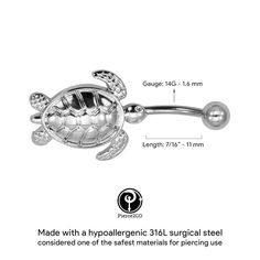 Pierce2Go - A Worldwide Body Jewelry BrandProviding you with the best looking piercings & body jewelry possible. The best designers in the industry are constantly working on amazing designs for you, from the complex designs to the simple and elegant ones.Why Choose 316L Surgical Steel? It does not rust or stain with water or sweat. It is very durable and does not oxidize. 316L is considered the best grade hypoallergenic piercing metal. Features: 14G Sea Turtle Belly Button Ring Piercing Women St Adjustable Silver Surgical Steel Belly Rings, Adjustable Internally Threaded Surgical Steel Body Jewelry, Adjustable Nickel-free Stainless Steel Belly Rings, Adjustable Hypoallergenic Stainless Steel Belly Rings, Adjustable Hypoallergenic Silver Belly Rings, Piercing Women, Ring Piercing, Best Designers, Belly Piercing