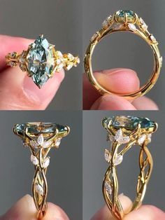 four different views of a gold ring with blue and green stones on it's sides