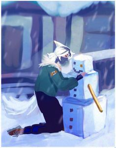 a painting of a person building a snowman