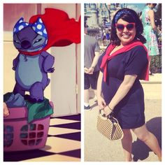 a woman standing next to a cardboard cutout of a cat in a basket and another photo of her