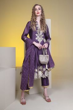 Purple anarkali with floral applique work. Paired with a pant and embroidered dupatta. - Aza Fashions Eid Sheer Dupatta Art Silk Dress, Eid Art Silk Dress With Sheer Dupatta, Designer Purple Salwar Kameez With Resham Embroidery, Designer Raw Silk Purple Salwar Kameez, Designer Wear Purple Raw Silk Salwar Kameez, Designer Purple Raw Silk Salwar Kameez, Designer Salwar Kameez With Dabka Work, Eid Tissue Silk Traditional Wear With Dabka Work, Designer Purple Unstitched Suit With Zari Work